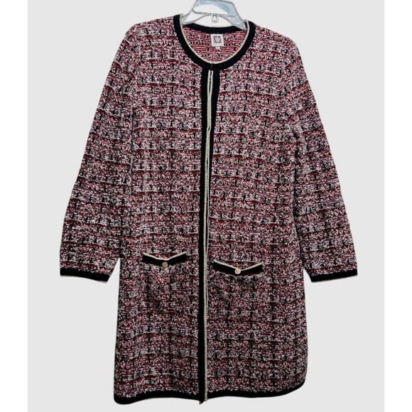 Anne Klein Cardigan Sweater Long Topper Women's XL Red Black Metalic Holiday - Picture 1 of 11